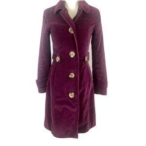 Boden Velvet Plum Coat Purple Cotton Large Buttons Pockets Fully Lined Size 8